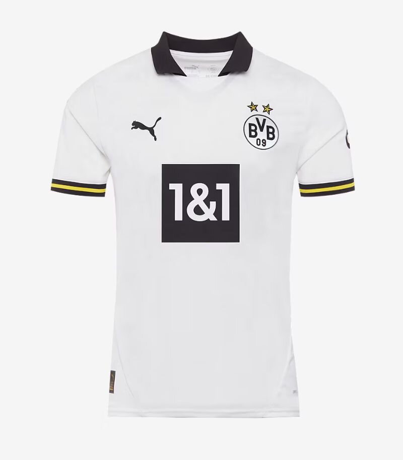Borussia dortmund third kit in white with black collar and black and yellow details 